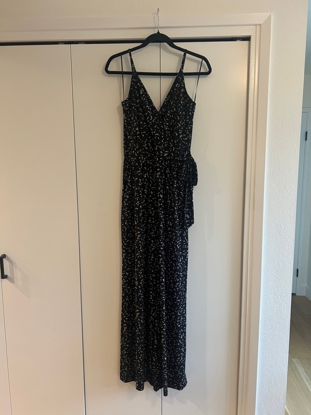 Kaileigh Black Romper/Jumper with Off-White Speckle Pattern and Tie Waist